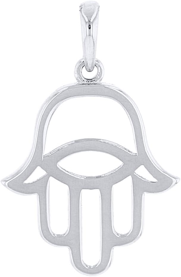 Jewelry America Solid 14k White Gold Hamsa Hand of Fatima with Evil Eye Charm Pendant