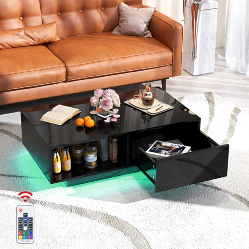 GOPLUS Couchtisch mit LED-leuchten, Kaffeetisch mit offene Ablage & Schublade, Sofatisch mit...