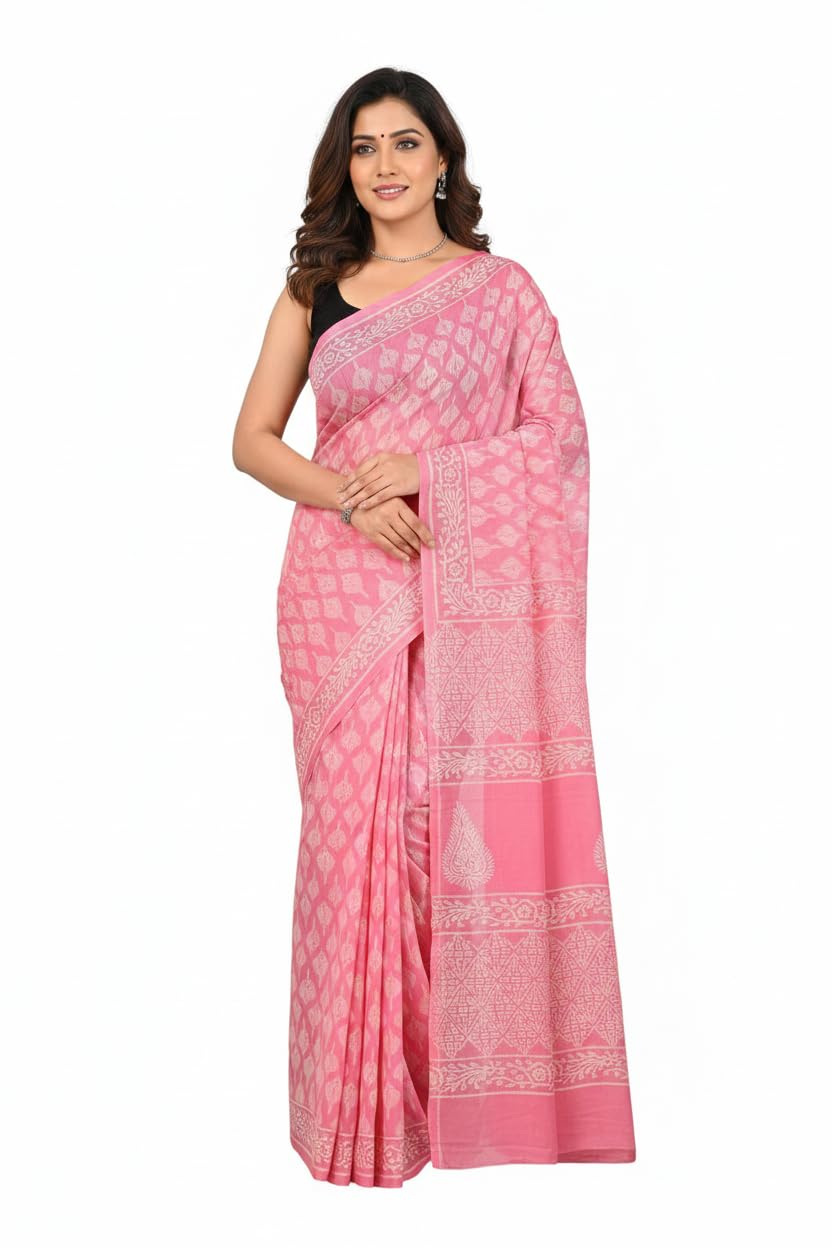 Handmade Mulmul Cotton Printed Saree For Women Handloom Saree (Baby Pink)-image-48