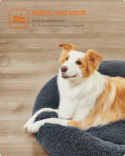 Feandrea Hundebett flauschig, Katzenbett, Donut Kissen, waschbar, Polsterung in der Mitte herausnehmbar, Langer Plüsch, 90 cm Durchmesser, dunkelgrau PGW041G02