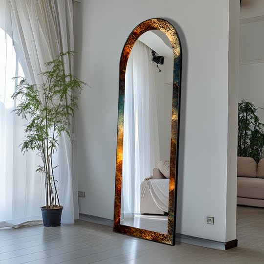 23,5''W x 167''H Stampa Texture Rame fuso - Specchio da pavimento astratto ad arco a tutta lunghezza - Specchio da pavimento macchiato a corpo intero con cornice nera con cornice