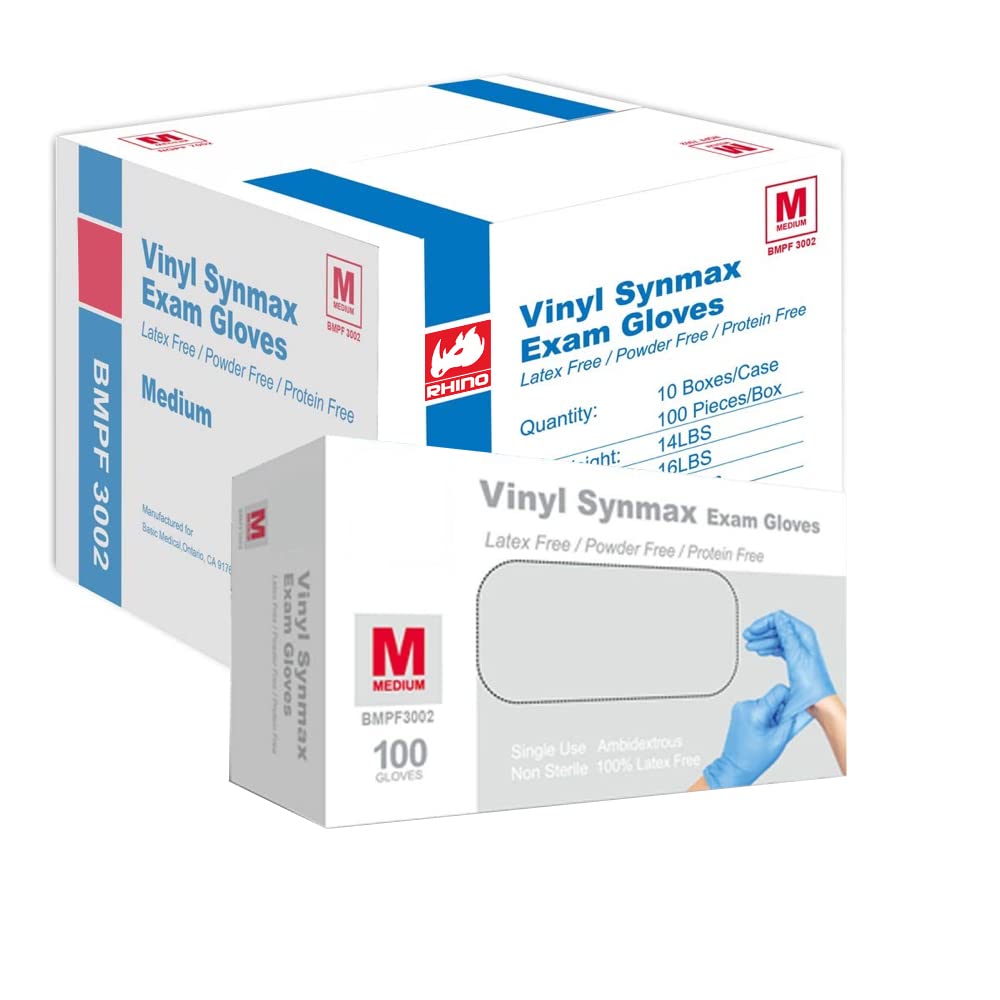 Rhino Vinyl Exam Gloves - Latex-Free & Powder-Free - BMPF3002-Medium(Case of 1,000)