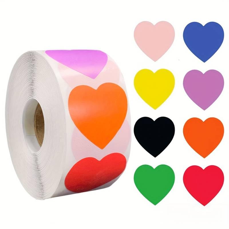 PLAYZOCO Pegatinas de corazones multicolor para Niños, stickers de corazones infantiles, pegatinas infantiles, Calcomanías Infantiles de corazones, Adhesivos corazones rollo, 500 pegatinas de 2.5 cm
