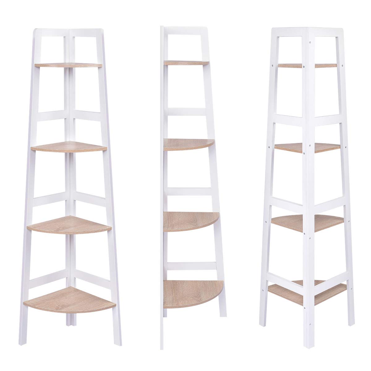 GIANTEX Scaffale Angolare, Supporto per Oggetti a 4 Livelli in Legno con Protezione Anticaduta, per Soggiorno/Bagno/Studio, Bianco