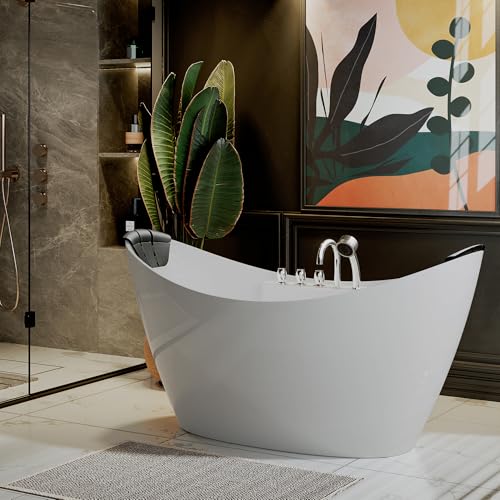 Empava 59' x 28' Freestanding Whirlpool Tub with Center Drain,560W Stand Alone Bathtub with 8 Hydromassage Jets, Unique Boat-Shaped,Acrylic,ETL Certified