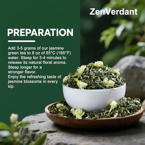 Image of ZenVerdant Jasmine Green Tea, 12 Oz, 100+ Cups - Real Jasmine Flowers | Not Artificial Flavoring Naturally Low in Caffeine Floral & Fragrant Perfect for Relaxation & Evening Tea