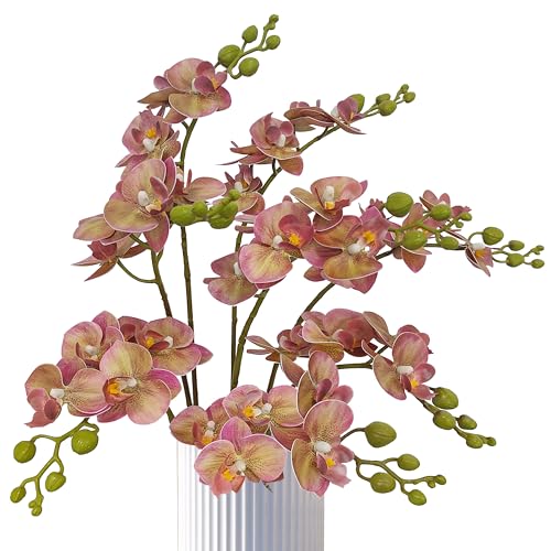 ATFL 8 Pack Pink and Green Orchid Artificial Flowers Real Touch, 22'' Artificial Fake Faux Silk Orchid Stem Bouquets for Wedding Party Home Garden Decor,Orquideas Artificiales para Decora