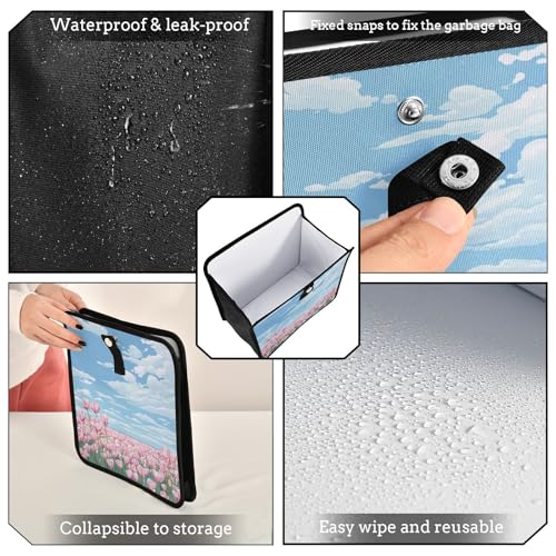 Image of Car Trash Can Organizer Bin with Adjustable Strap for Back Front Seat Console Waterproof Leakproof Collapsible Portable 11 Inch Pink Tulip Field and Blue Sky
