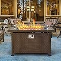HOMREST 44in Outdoor Propane Gas Fire Pit Table, 50,000 BTU Auto-Ignition Gas Firepit with Glass Wind Guard, Black Tempered Glass Tabletop & Blue Glass Rock, Brown PE Rattan, CSA Certification