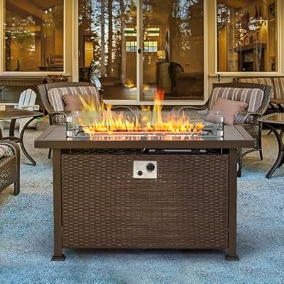 HOMREST 44in Outdoor Propane Gas Fire Pit Table, 50,000 BTU Auto-Ignition Gas Firepit with Glass Wind Guard, Black Tempered Glass Tabletop & Blue Glass Rock, Brown PE Rattan, CSA Certification