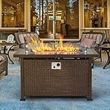 HOMREST 44in Outdoor Propane Gas Fire Pit Table, 50,000 BTU Auto-Ignition Gas Firepit with Glass Wind Guard, Black Tempered Glass Tabletop & Blue Glass Rock, Brown PE Rattan, CSA Certification