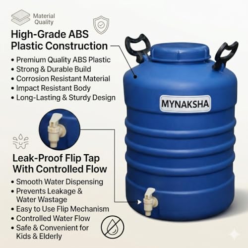 Image of MYNAKSHA Water Dispenser with Tap, Plastic Water Storage Drum, Open Top with Lid, Ideal for Home, Kitchen & Office, Food Grade HDPE Material, UV-Stabilized (25 litres, Blue)