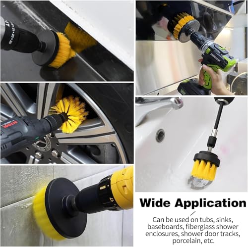 Image of 10 PCS Power Drill Scrubber Brush Attachment Set - Medium Bristle Yellow Cleaning Brushes with Extension Rod for Bathroom, Tile, Floor, Kitchen, Car & Bathtub Deep Cleaning