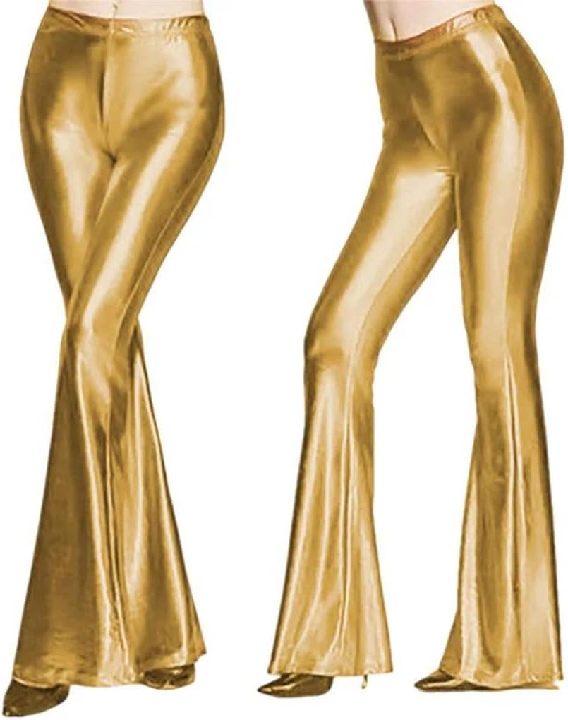 Women's Metallic Flared Pants Bell Bottom Trousers Wide Leg Ruffle Vintage Disco Club Stage Performance Wear