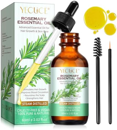 Rosemary Oil, 2.02 Fl Oz Pure Rosemary Essential Oil with with Glass Dropper - Undiluted Rosemary Massage Oil for Hair Growth Skin Care and Nails and Refreshing Aromatherapy Oil for Diffusers