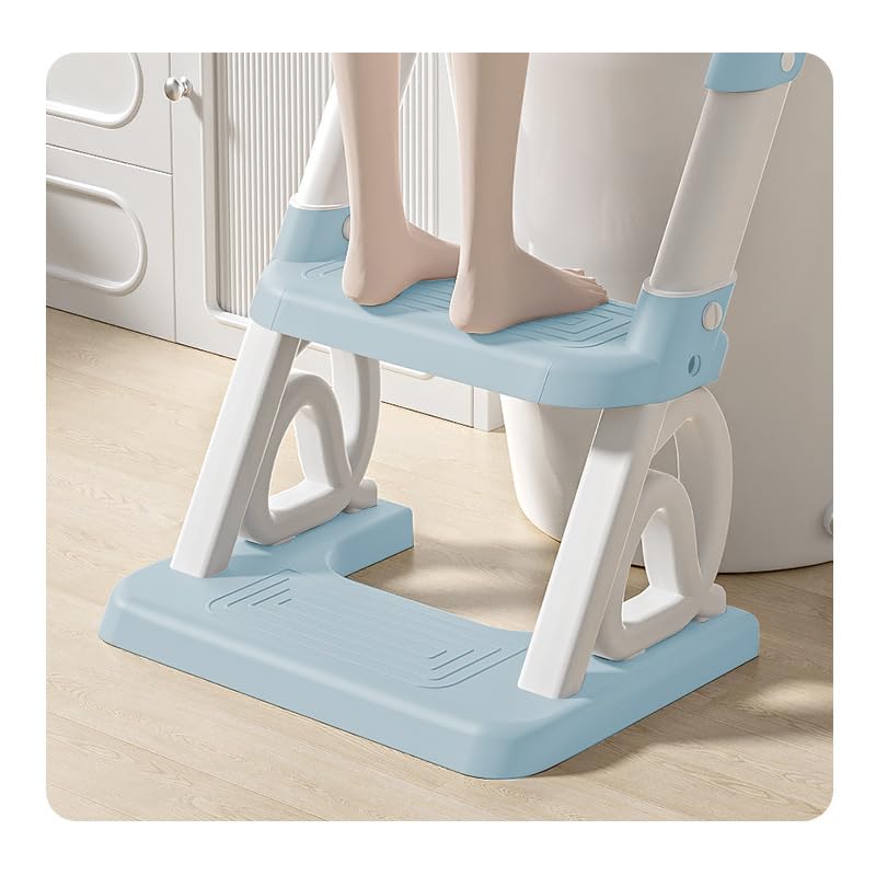 Reducteur Toilette Enfant avec Marche, Stabiliser Rehausseur avec Structures Triangulaires, Adaptateur Toilette Enfant avec Coussin,Pot toilette pour bébé, Antidérapant et Pliable,PVC (bleu)