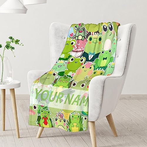 Personalized Frog Blanket Gifts with Name - 60x80 Inches Cute Throw for Girls & Boys - Colorful Soft Fuzzy Blankets for Bed, Couch & Living Room