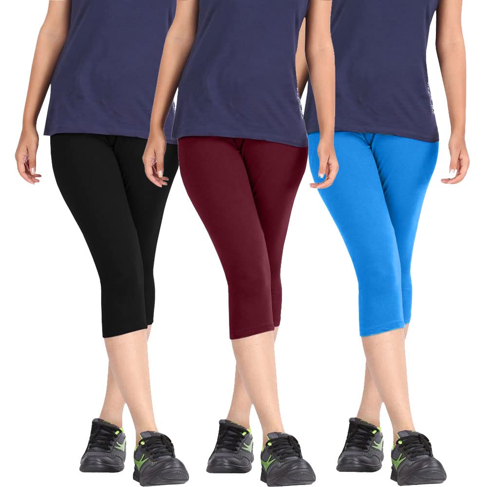 pixie fashion Biowashed Cotton Stretchable Capri Legging Combo Pack of 3 for Women/Girls/Ladies (Black, Maroon and Sky Blue) - Free Size-picture-51