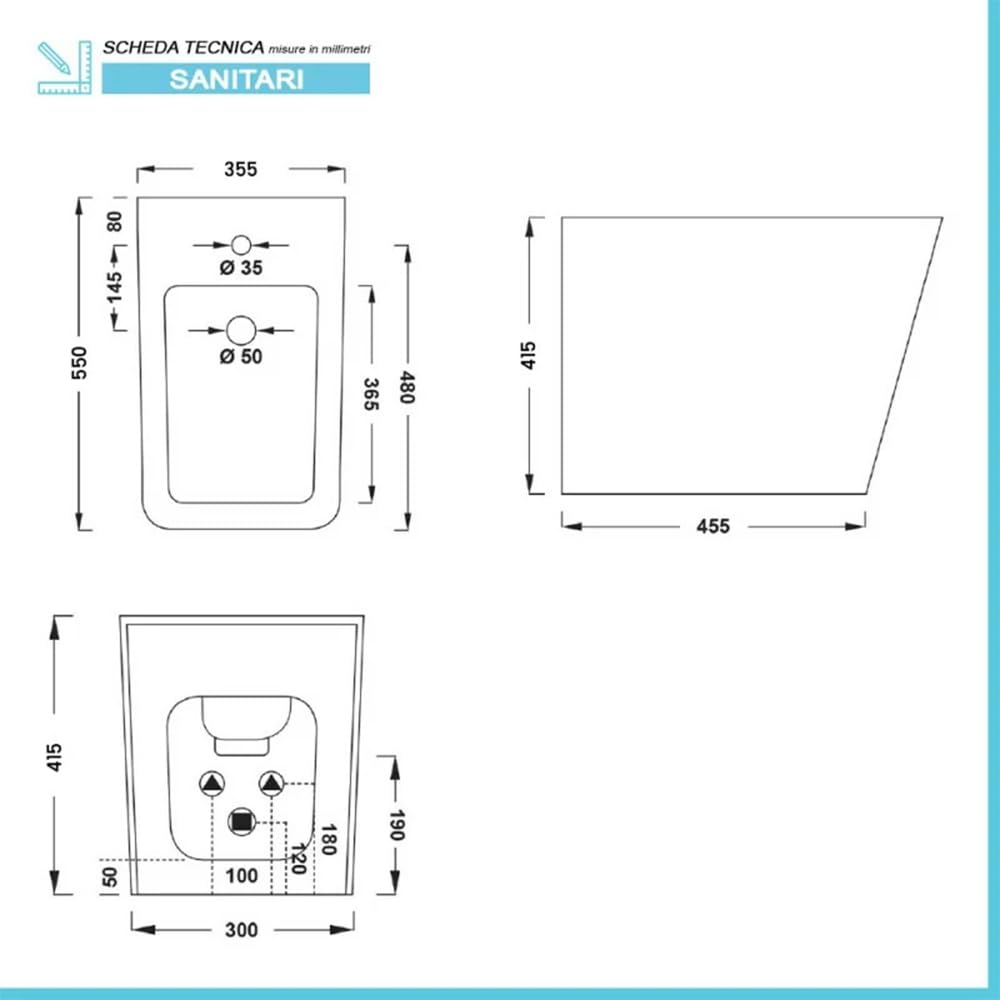 Coppia Sanitari Filo Muro o filoparete Rimless, Bianco, Design squadrato moderno, Completo di Copriwater con Chiusura Soft-Close (Bianco Lucido)