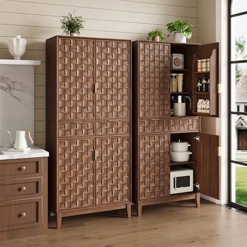 Image of Pantry Cabinet, 71 inch Tall Pantry Cabinet,Modern Kitchen Cabinet with Doors, Drawers & Adjustable Shelves, Freestanding Food Pantry Cupboard with Side Rack for Kitchen Dining Room,Walnut