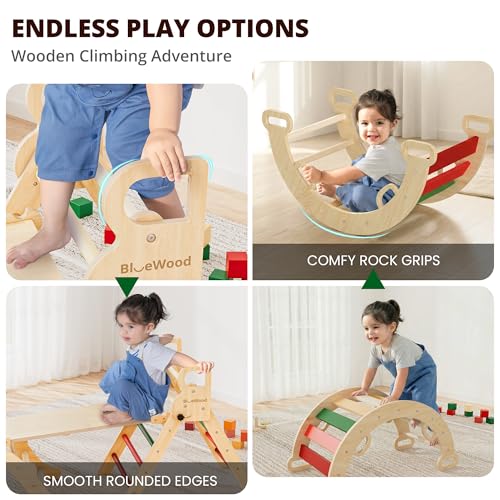 Image of BlueWood Pikler Triangle Set, Toddler Wooden Climbing Toys Indoor 7in1 Foldable Climber for Kids, Montessori Philosophy Play Jungle Gym with Arch, Ramp, Ladder (Warm Winter Christmas)
