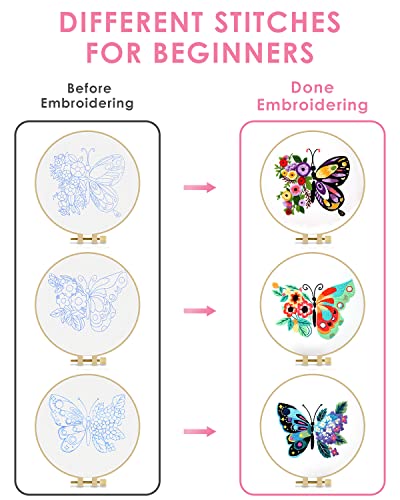 Image of TINDTOP 3 Sets Embroidery Stitch Practice kit, Butterfly Flower Embroidery Kit for Beginners Include Cloth Hoops Threads for Craft Lover Hand Stitch with Embroidery Skill Techniques | 3 Sets for Beginners Include Cloth Hoops Threads for Craft Lover Hand Stitch with Embroidery Skill Techniques