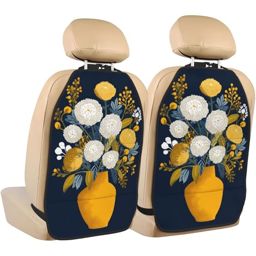 White Yellow Flowers Orange Vase Mid-Century Car Seat Back Kick Protectors,2 Pack Kick Mats with Storage Pockets for Vehicles to Protect from Dirt Mud Scratches