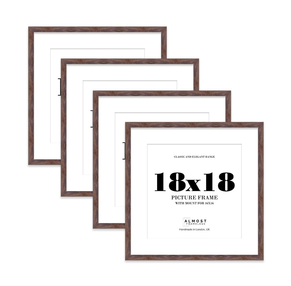 18x18 Walnut Picture Frame with Mount for 16x16 Photos, Prints - Modern Square Wall Frame, Set of 4
