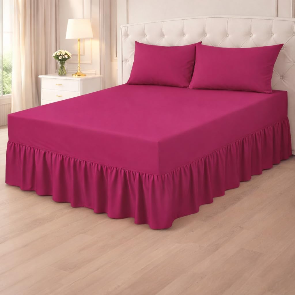 Plain Poly cotton Extra Deep Frilled Valance Fitted Sheets, Easy Case Fitted Valance Sheets in 14 Attractive Colors, Percale Quality Fitted Valance Sheet (Fuchsia, Single)