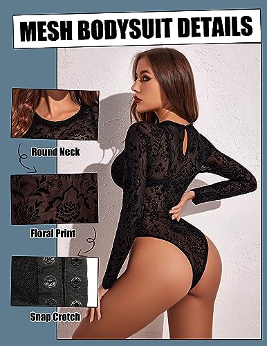 Image of Avidlove Womens Mesh Long Sleeve Bodysuit Round Neck Sheer Leotards Geo Print Bodysuit Top with Snap Crotch