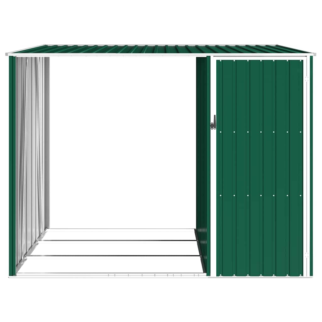 Domek ogrodowy 2 w 1 zielony 245 x 98 x 159 cm ze stali ocynkowanej, szopa zewnętrzna drewniana z stojakiem na drewno opałowe, narzędzia i meble ogrodowe