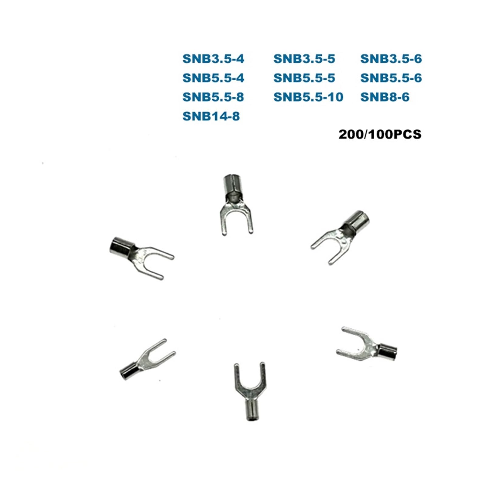 200/100pcs Spade Crimp Terminals Electrical Cord End Wire Connector SNB3.5/5.5/8/14 Cable Ferrules 14-6AWG 2.5-16mm2(SNB8-6 (100Pcs))