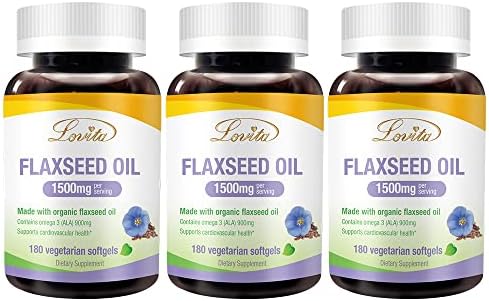 Lovita Organic Cold-Pressed Flaxseed Oil 1500mg with 900mg ALA Omega 3. High Potent ALA Supplement, Vegan. 180 Softgels (Pack of 3)