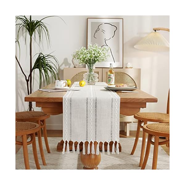 Rustic Farmhouse Style Linen Table Runner, Boho Handmade Tassel Embroidered Table Runners 48 Inches Long for Holiday Party, Wedding and Dining Decorations, 13 inchW X 48 inchL - Ivory