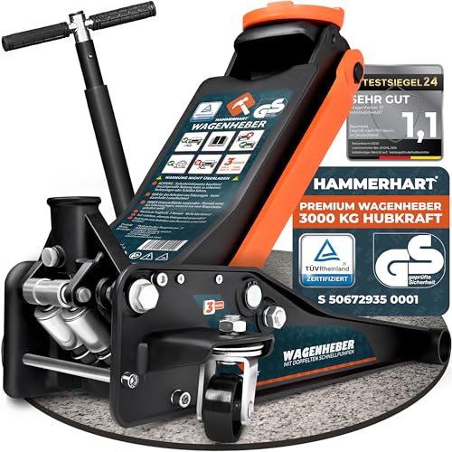 HAMMERHART - Hydraulischer Wagenheber 3T | Premium Rangierwagenheber TÜV geprüft mit 75-500mm Hubhöhe | Wagenheber flach mit 360° Rollen & Doppelkolben | Carjackers mit Gummiauflage und T-Griff