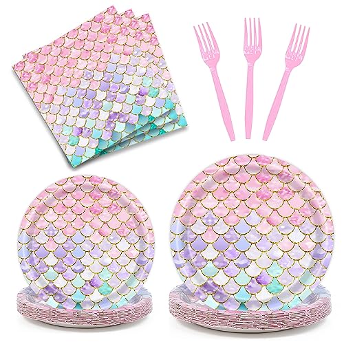 Dixutzi 96 Pcs Mermaid Birthday Party Decorations, Mermaid Party Supplies Including Paper Plate, Napkin and Fork, Ocean Theme Decor Tableware Set for Birthday, Serves 24