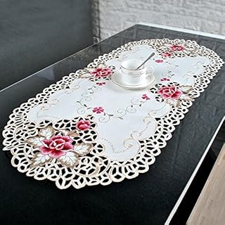 DAZZLEEX White Oval Lace Tablecloth Doily Embroidered Floral Small Table Cover Home Decor Quality 16" x 33"