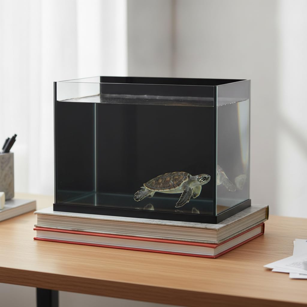 Tanque Escritorio Pequeño para Tortugas Acuáticas, Vidrio Fondo Negro, para Regalo, 30 * 18 * 20cm