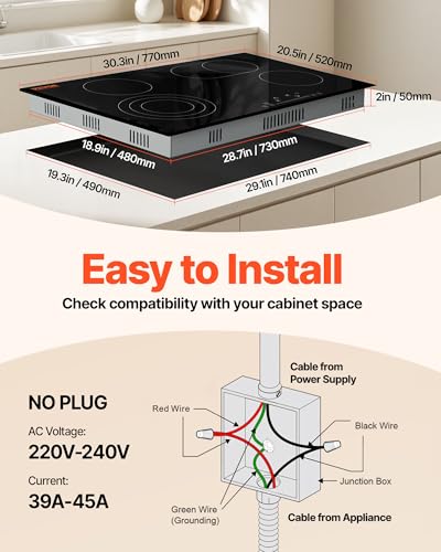 Image of VEVOR Built in Electric Stove Top, 30inch 4 Burners, 240V Glass Radiant Cooktop with Sensor Touch Control, Timer & Child Lock Included, 9 Power Levels for Simmer Steam Slow Cook Fry