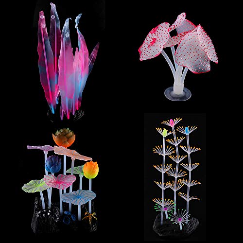 Decoración de acuario, plantas acuáticas artificiales, simulación de hongos brillantes, plantas de coral y algas marinas, adornos de silicona para el hogar y la oficina, de peceras (4 piezas)