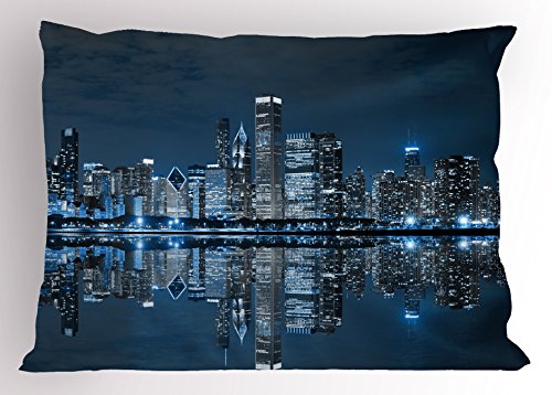 Ambesonne Chicago Skyline Pillow Sham, Sleeping City Dramatic Urban Resting Popular American Lake Picture, Decorative Standard Size Printed Pillowcase, 26