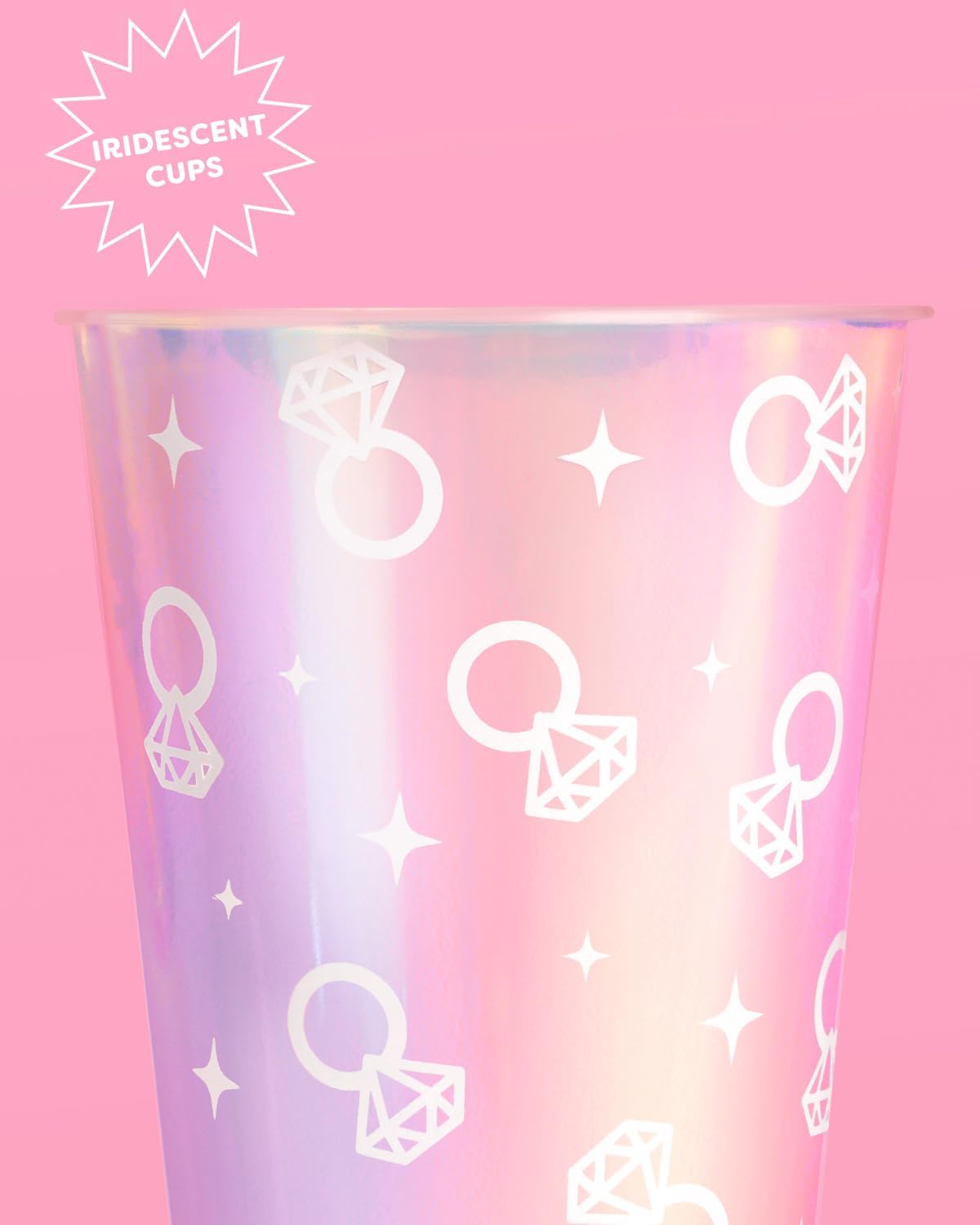 xo, Fetti Iridescent Engagement Ring Plastic Cups | 16 pcs 16 oz | Bachelorette Drinkware, Diamond Decor, Bling Ring Party Supplies, Proposal Tablescape