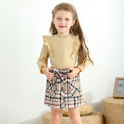 Image of Weixinbuy Toddler Girl Fall Winter Clothes Solid Long Sleeve Ribbed T-Shirt Knit Tops Plaid Button Mini Skirts Set Outfits
