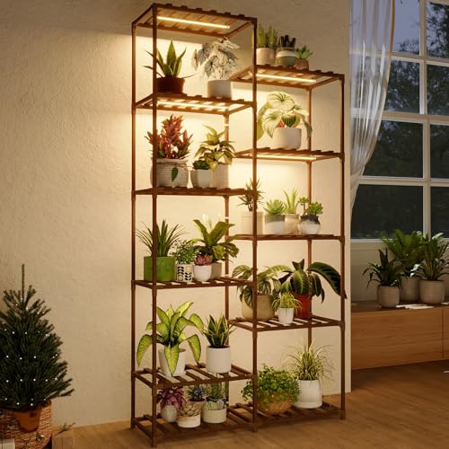 Image of Bamworld Tall Plant Stand with Grow Lights Large Indoor Plant Shelf for Multiple Plants Pots Wood Flower Stand Flower Holder for Living Room, Patio, Balcony, Garden Decor, Brown