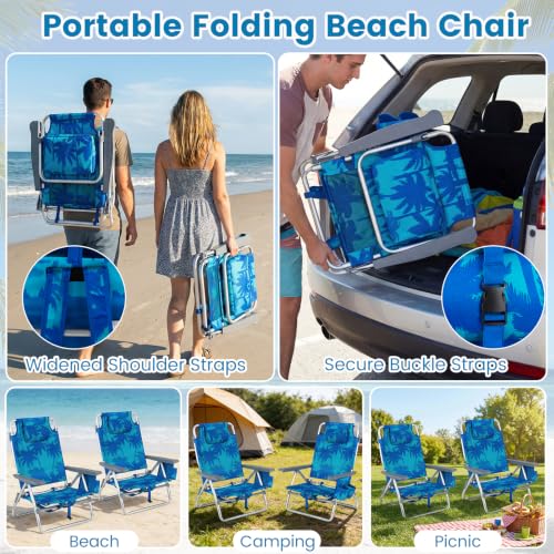 Image of Giantex Folding Beach Chair, Patio Sling Chairs with 5 Adjustable Position, Head Pillow, Storage Bag, Towel Bar, Cup Holders, Backpack Chairs for Sunbathing, Camping Chair