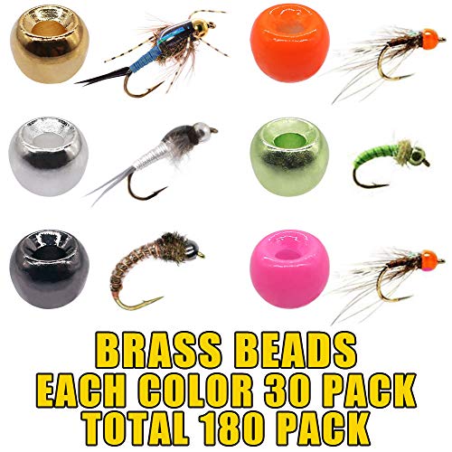 Xfishman Fly-Tying-Beads-Brass-Beads-Heads Assortment 180 Pack Fly Tying Materials Fly Fishing Nymph (5/64” 2Mm（6 Colors ） 180 Pack) #TOP2