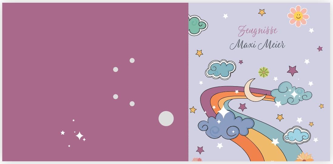 Ringordner Ordner | Kinder | personalisiert | Wunschtext | Regenbogen | Wolken | Mit Griffloch | für DIN A4 | 7,4 cm breit | lila | Zeugnisse | Zeugnismappe