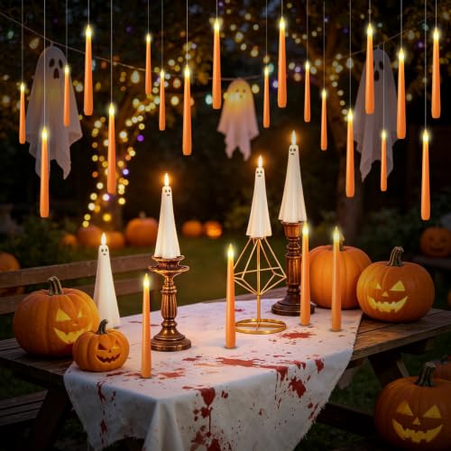 Image of kakoya Flameless Floating Candles with Wand,20 Pcs Magic LED Hanging Taper Candles,Flickering Battery Operated Taper Candle with Wand Remote for Halloween Decorations Best Gift(Orange)