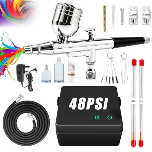 Airbrush Compressor Kit 40PSI Dual Action Non-Clogging High-Pressure Air Brush Set with 0.2/0.3/0.5mm Nozzle for Nail Art Model Tattoo Makeup Cake Include Cleaning Brushes Set