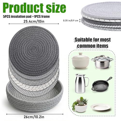 KongTiva 10 Inch Heat Resistant Trivets, 5 Pcs Cotton Pot Holders and Hot Pads Set with Storage Basket, Countertop Protectors for Hot Pots, Pans, Dishes